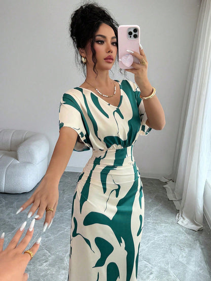 Elenzga Women's Fashion Printed V-Neck Short Sleeve Ruched Waist Fitted Bodycon Romantic Elegant Casual Commute Date Party Dinner Spring Summer Dress