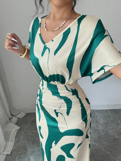 Elenzga Women's Fashion Printed V-Neck Short Sleeve Ruched Waist Fitted Bodycon Romantic Elegant Casual Commute Date Party Dinner Spring Summer Dress