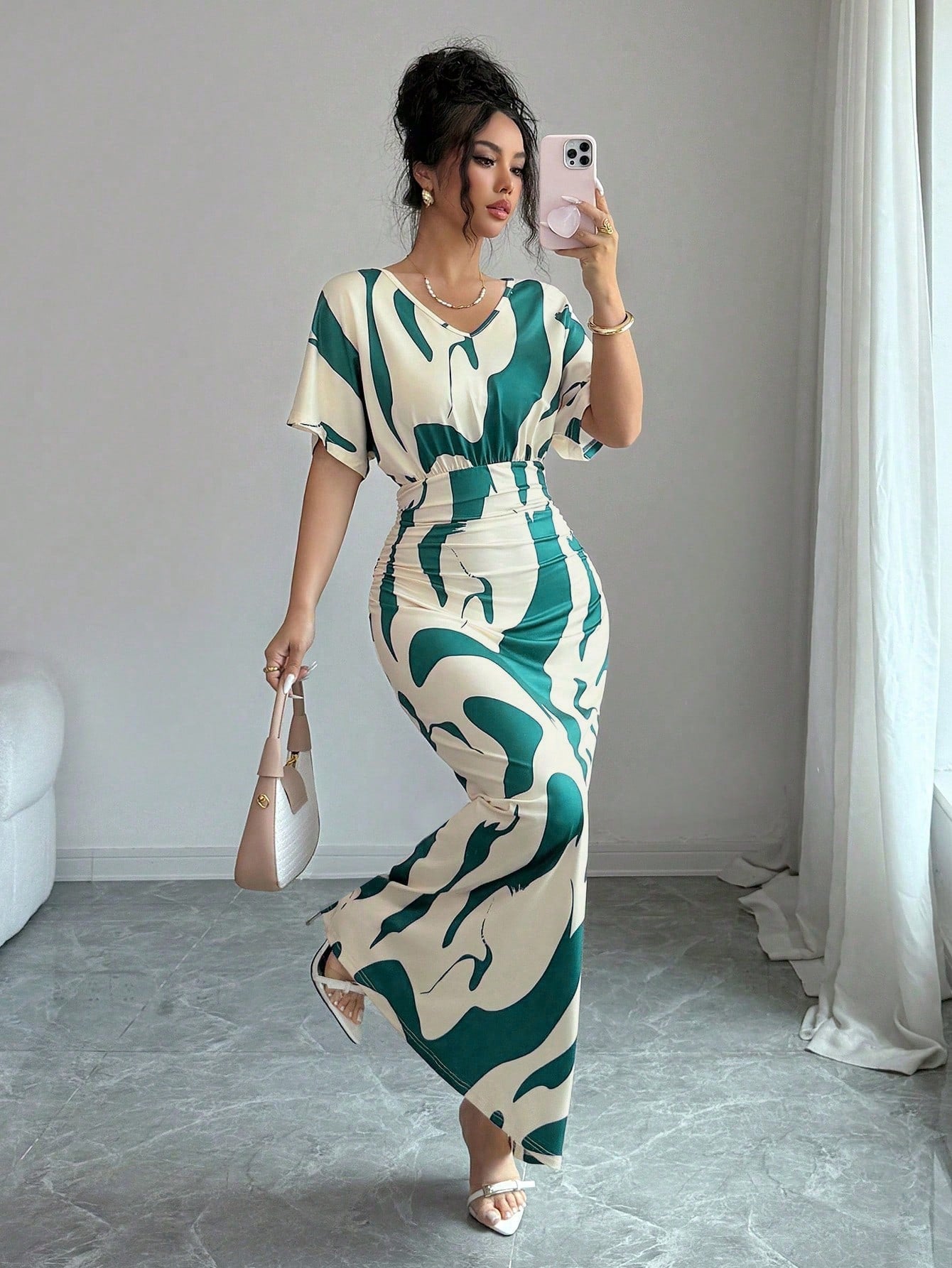 Elenzga Women's Fashion Printed V-Neck Short Sleeve Ruched Waist Fitted Bodycon Romantic Elegant Casual Commute Date Party Dinner Spring Summer Dress
