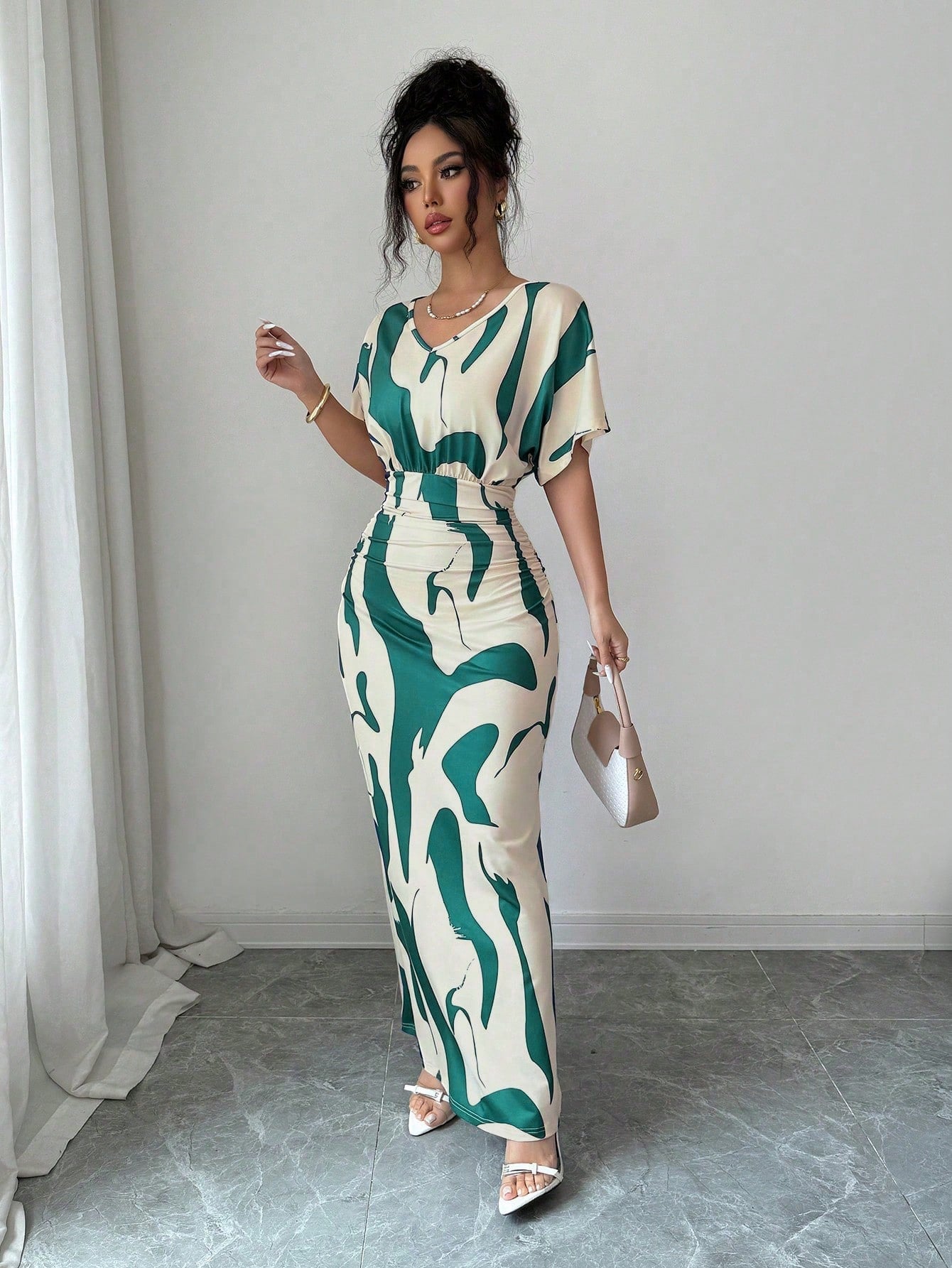 Elenzga Women's Fashion Printed V-Neck Short Sleeve Ruched Waist Fitted Bodycon Romantic Elegant Casual Commute Date Party Dinner Spring Summer Dress