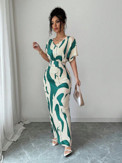 Elenzga Women's Fashion Printed V-Neck Short Sleeve Ruched Waist Fitted Bodycon Romantic Elegant Casual Commute Date Party Dinner Spring Summer Dress
