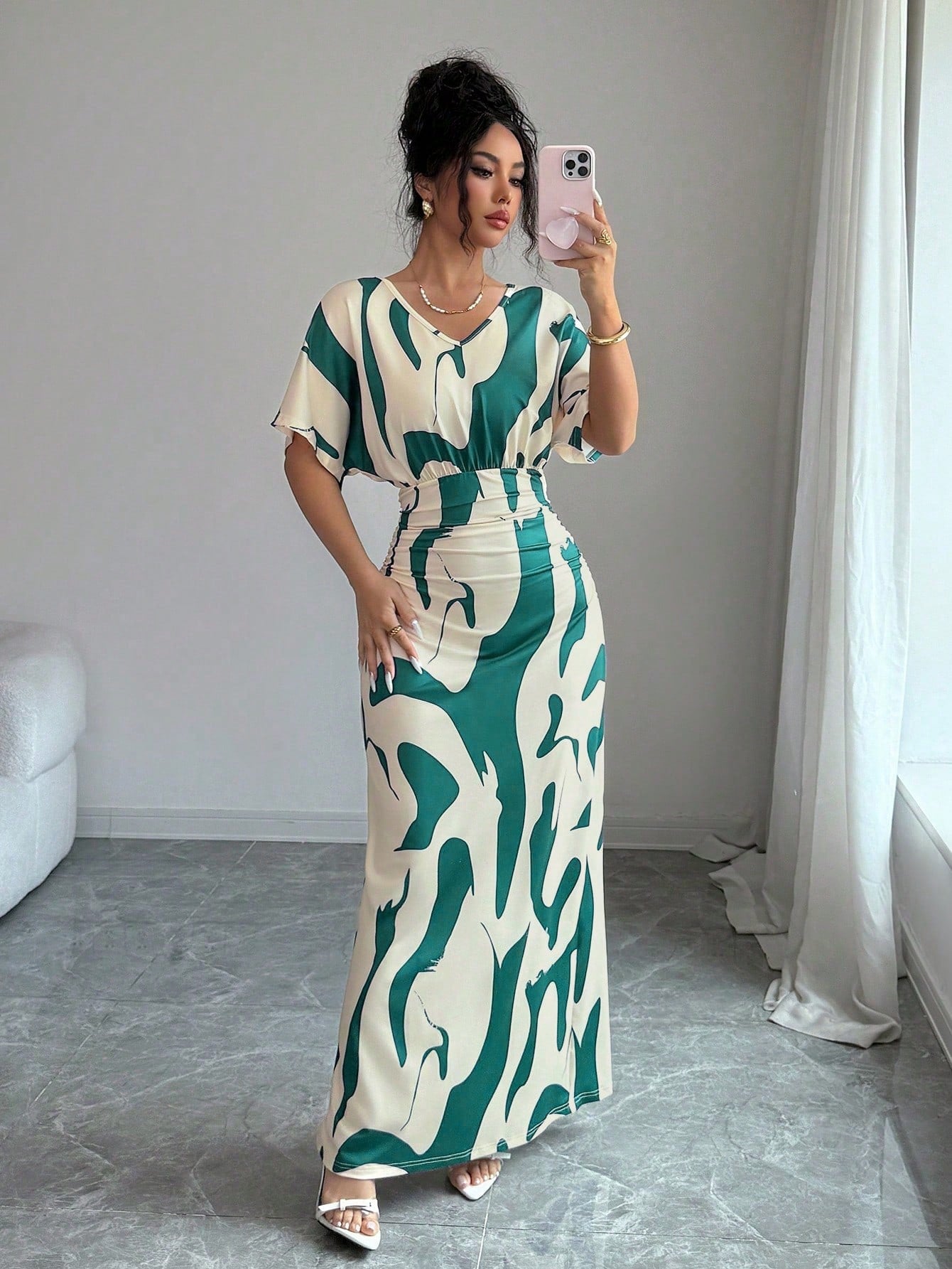 Elenzga Women's Fashion Printed V-Neck Short Sleeve Ruched Waist Fitted Bodycon Romantic Elegant Casual Commute Date Party Dinner Spring Summer Dress