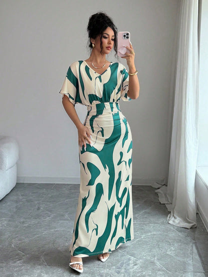 Elenzga Women's Fashion Printed V-Neck Short Sleeve Ruched Waist Fitted Bodycon Romantic Elegant Casual Commute Date Party Dinner Spring Summer Dress
