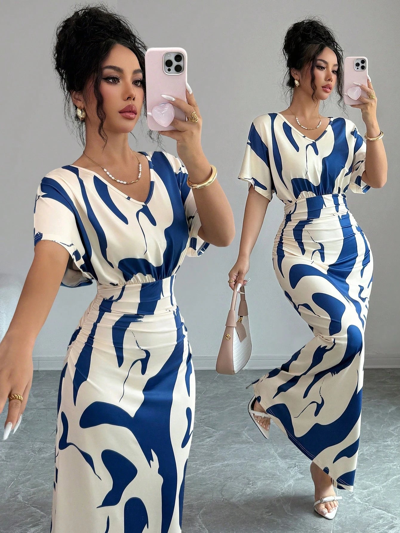 Elenzga Women's Fashion Printed V-Neck Short Sleeve Ruched Waist Fitted Bodycon Romantic Elegant Casual Commute Date Party Dinner Spring Summer Dress