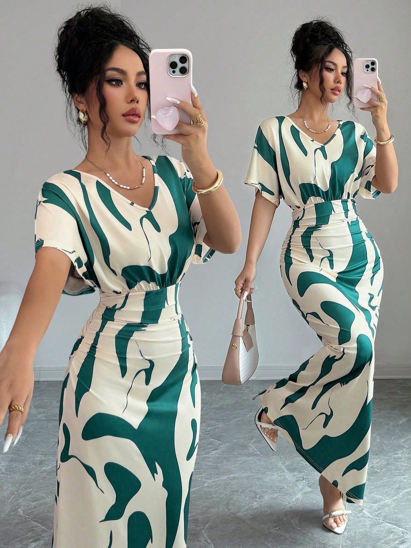 Elenzga Women's Fashion Printed V-Neck Short Sleeve Ruched Waist Fitted Bodycon Romantic Elegant Casual Commute Date Party Dinner Spring Summer Dress