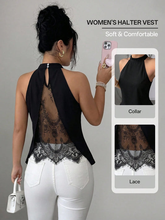 Elenzga Women's Spring/Autumn Elegant Sheer Lace Back Design Sleeveless Blouse, Can Be Worn As Inner Layer Or Outerwear