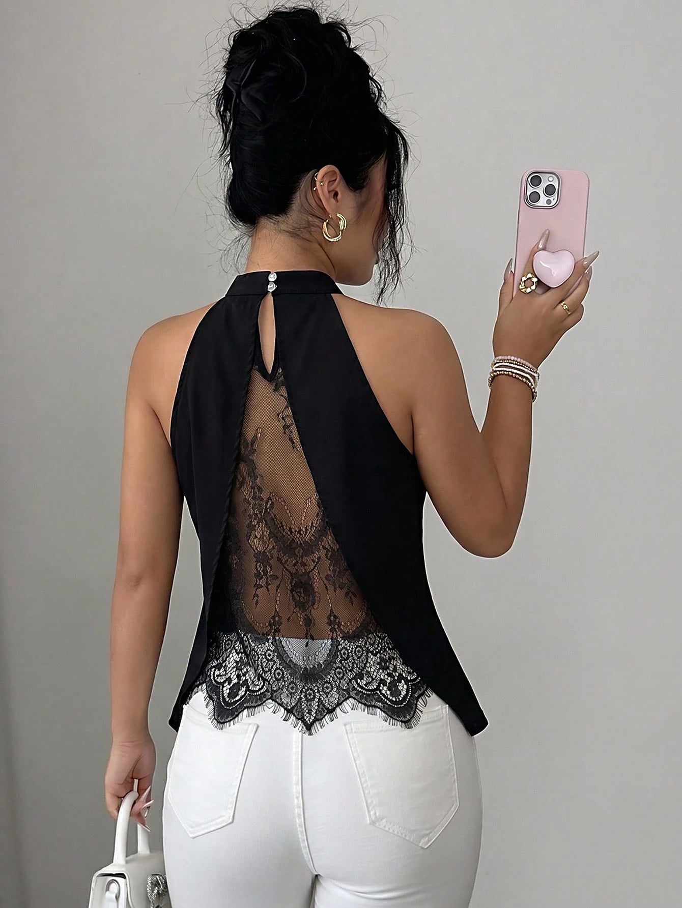 Elenzga Women's Spring/Autumn Elegant Sheer Lace Back Design Sleeveless Blouse, Can Be Worn As Inner Layer Or Outerwear