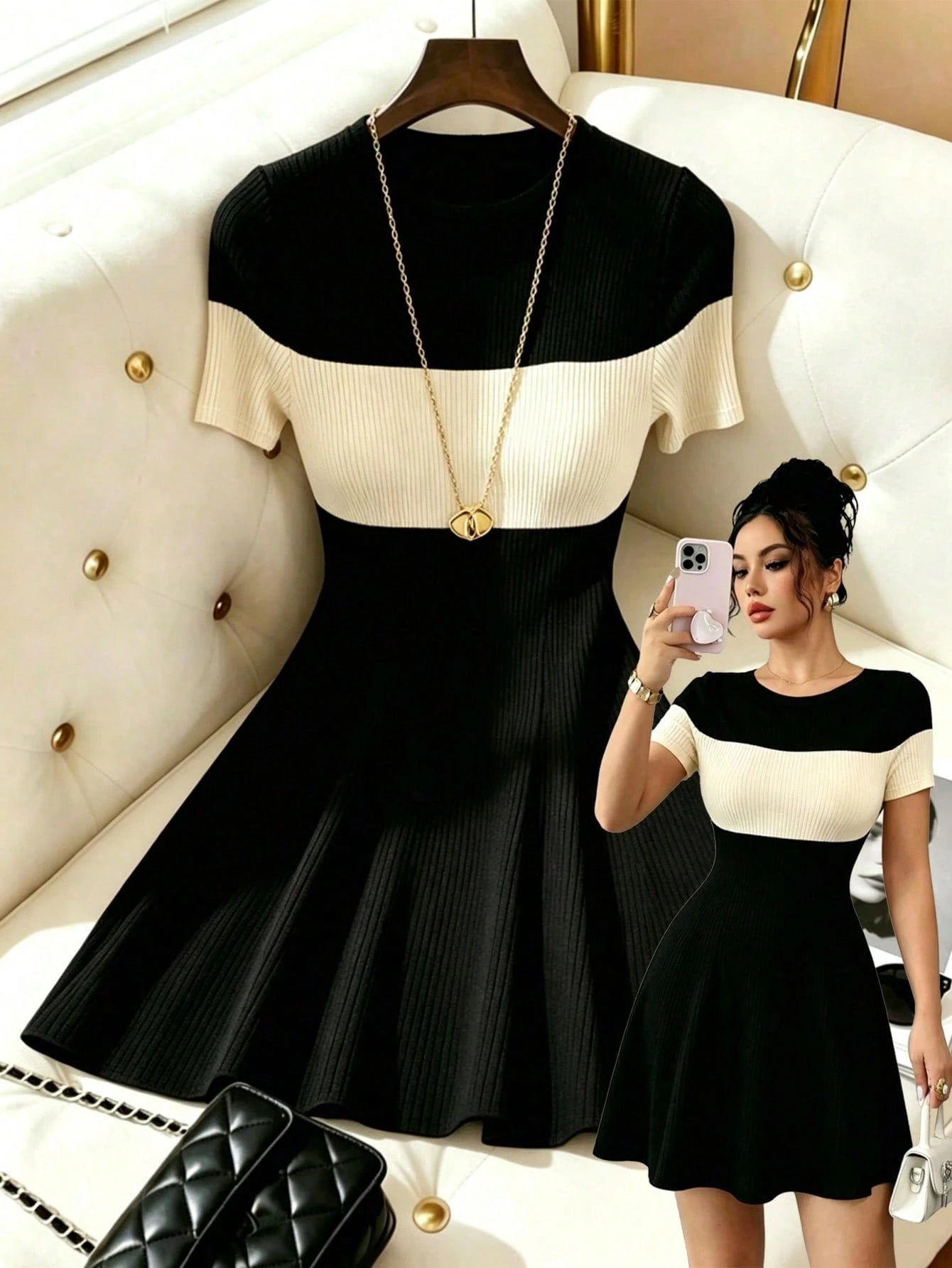 Elenzga Women's Versatile Contrast Color Fashion Short Sleeve Dress, Suitable For Dates And Commuting