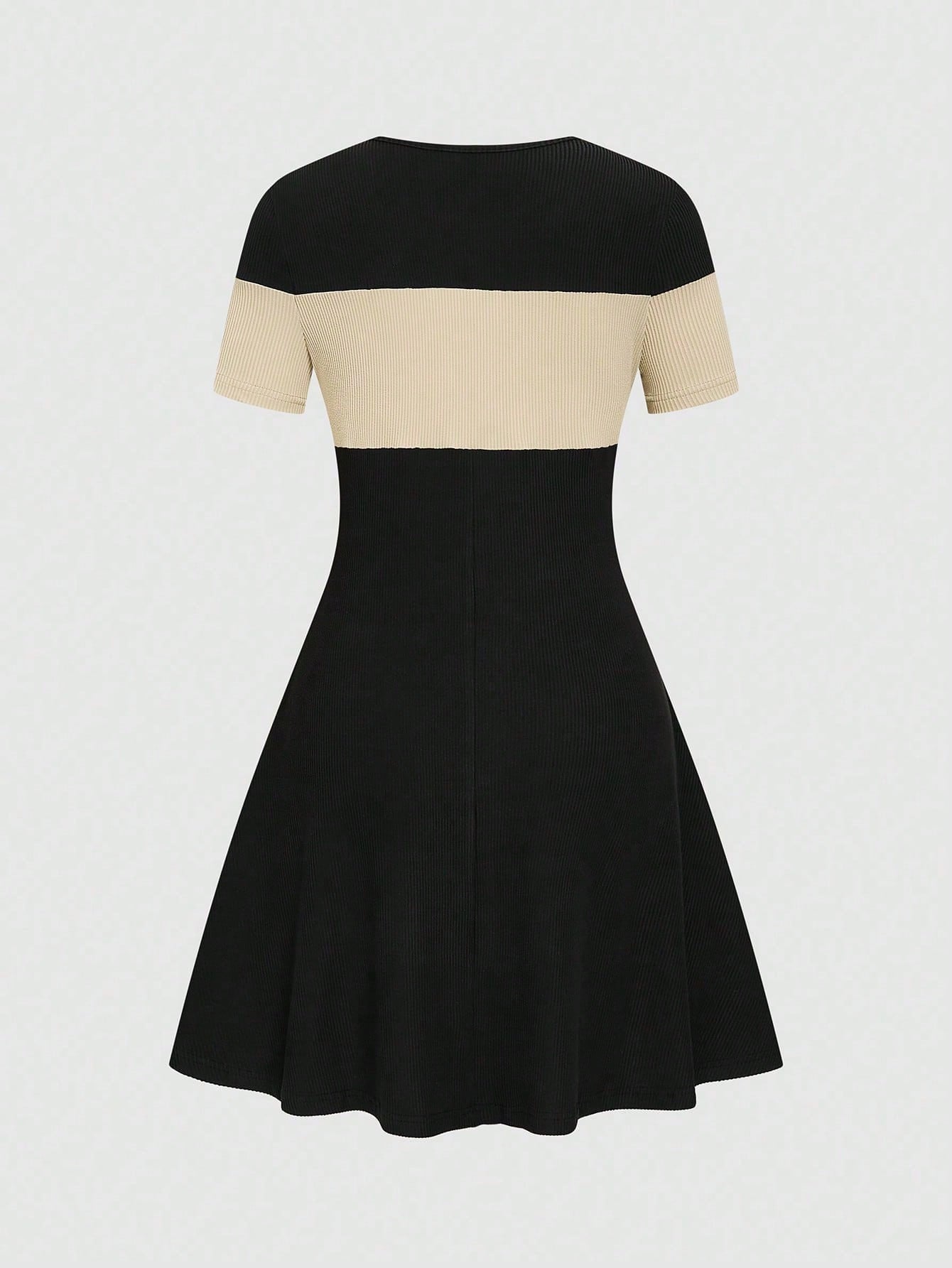 Elenzga Women's Versatile Contrast Color Fashion Short Sleeve Dress, Suitable For Dates And Commuting
