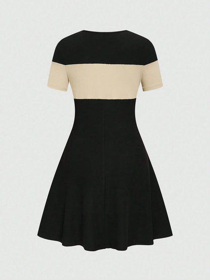 Elenzga Women's Versatile Contrast Color Fashion Short Sleeve Dress, Suitable For Dates And Commuting