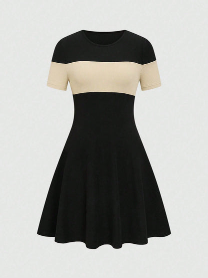 Elenzga Women's Versatile Contrast Color Fashion Short Sleeve Dress, Suitable For Dates And Commuting