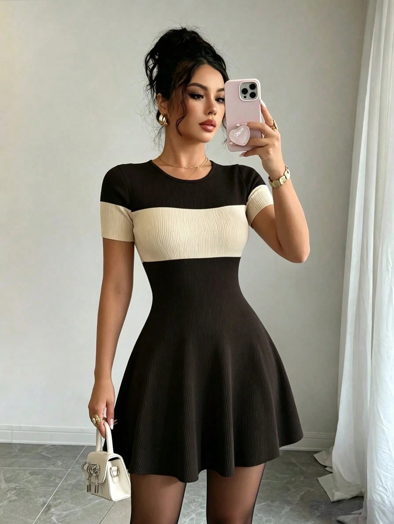 Elenzga Women's Versatile Contrast Color Fashion Short Sleeve Dress, Suitable For Dates And Commuting