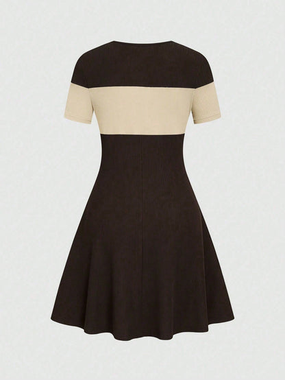 Elenzga Women's Versatile Contrast Color Fashion Short Sleeve Dress, Suitable For Dates And Commuting