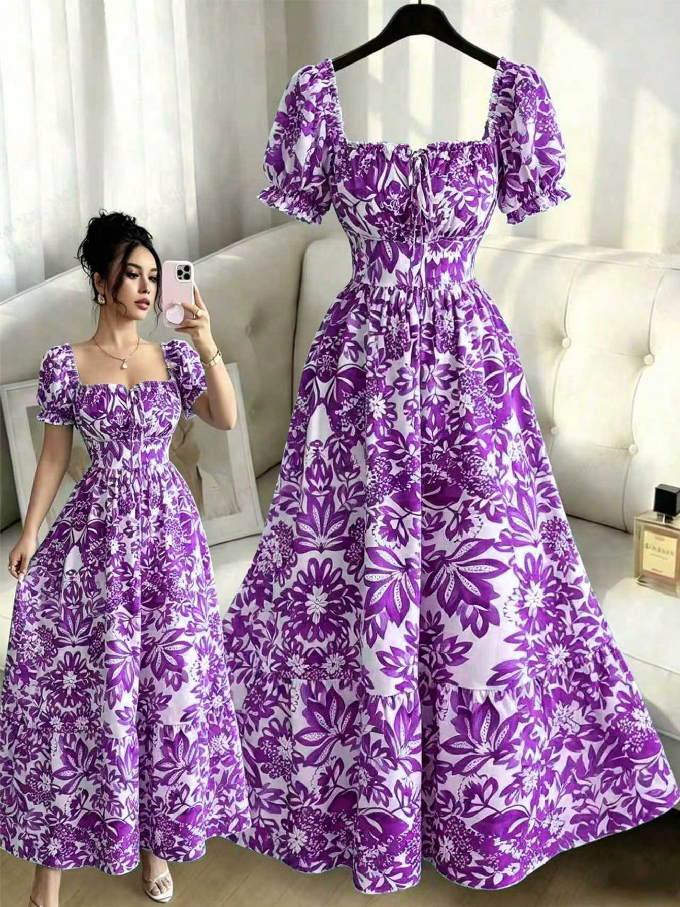 Elenzga Women's White Floral Summer Boho Holiday Vacation Holiday Digital Print Bubble Sleeve Front Tie,Back Cut Out Waist Cinched Elegant Long Dress