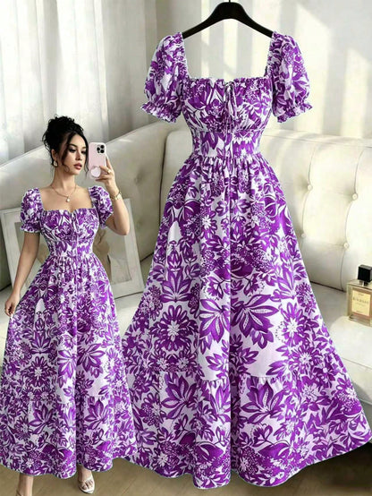 Elenzga Women's White Floral Summer Boho Holiday Vacation Holiday Digital Print Bubble Sleeve Front Tie,Back Cut Out Waist Cinched Elegant Long Dress