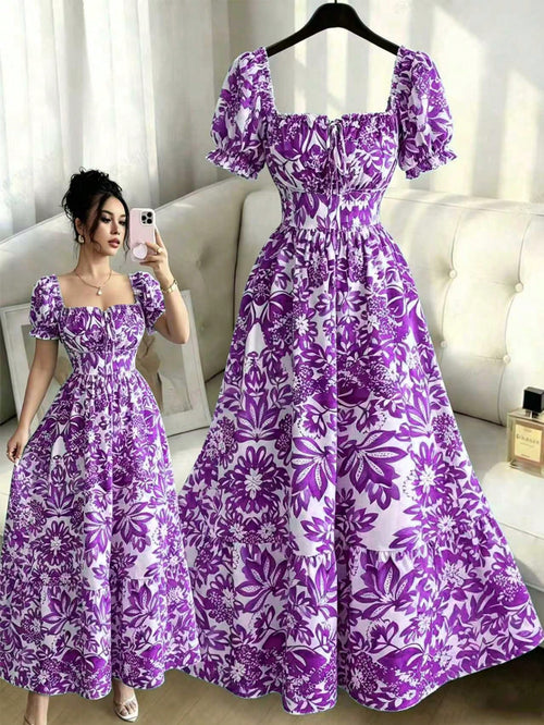 Elenzga Women's White Floral Summer Boho Holiday Vacation Holiday Digital Print Bubble Sleeve Front Tie,Back Cut Out Waist Cinched Elegant Long Dress