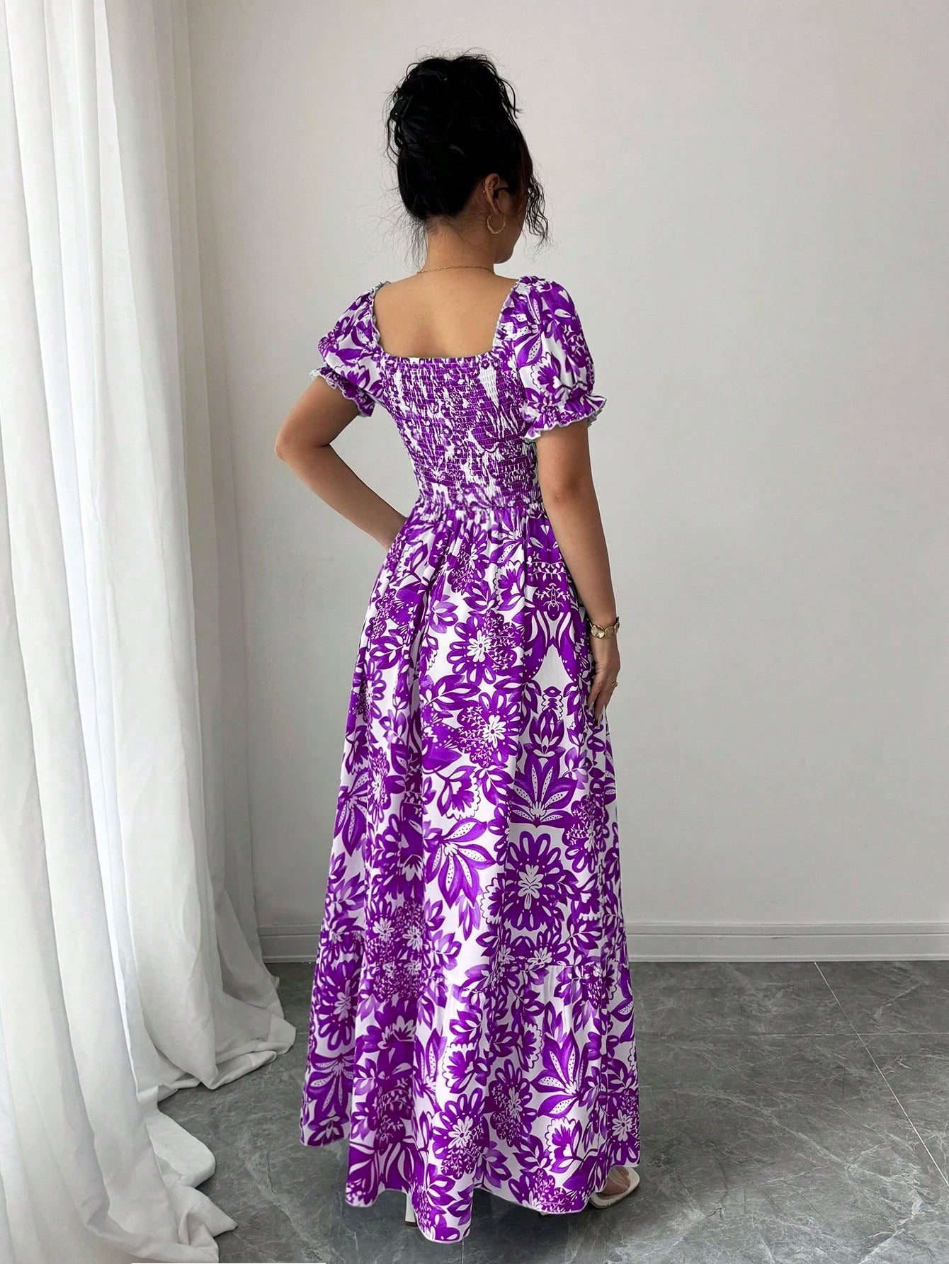 Elenzga Women's White Floral Summer Boho Holiday Vacation Holiday Digital Print Bubble Sleeve Front Tie,Back Cut Out Waist Cinched Elegant Long Dress