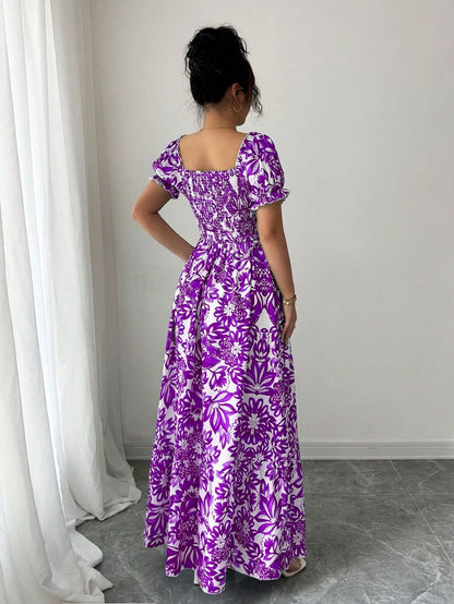 Elenzga Women's White Floral Summer Boho Holiday Vacation Holiday Digital Print Bubble Sleeve Front Tie,Back Cut Out Waist Cinched Elegant Long Dress