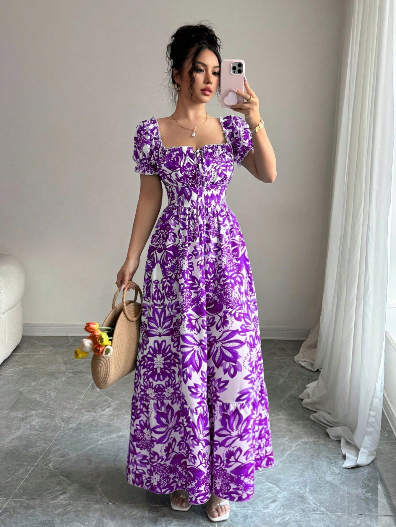 Elenzga Women's White Floral Summer Boho Holiday Vacation Holiday Digital Print Bubble Sleeve Front Tie,Back Cut Out Waist Cinched Elegant Long Dress