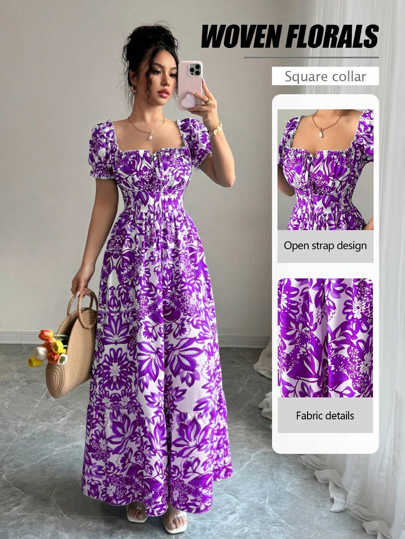 Elenzga Women's White Floral Summer Boho Holiday Vacation Holiday Digital Print Bubble Sleeve Front Tie,Back Cut Out Waist Cinched Elegant Long Dress