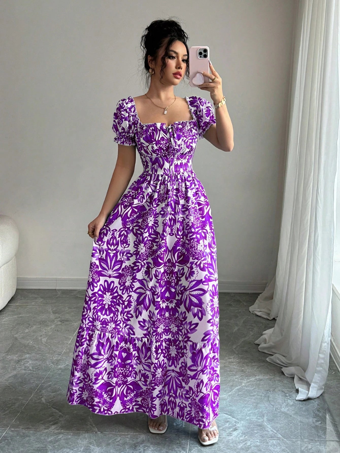 Elenzga Women's White Floral Summer Boho Holiday Vacation Holiday Digital Print Bubble Sleeve Front Tie,Back Cut Out Waist Cinched Elegant Long Dress
