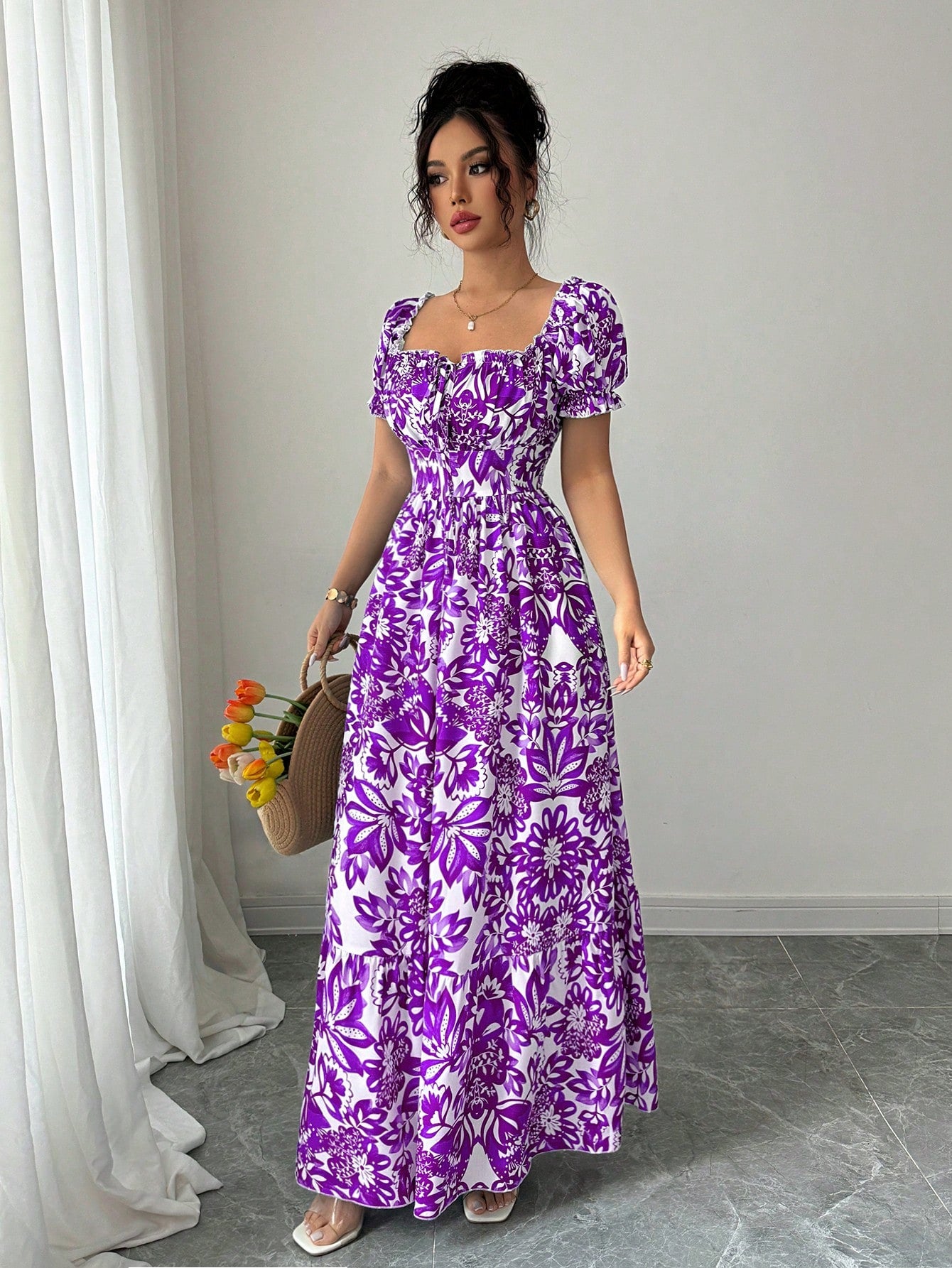 Elenzga Women's White Floral Summer Boho Holiday Vacation Holiday Digital Print Bubble Sleeve Front Tie,Back Cut Out Waist Cinched Elegant Long Dress