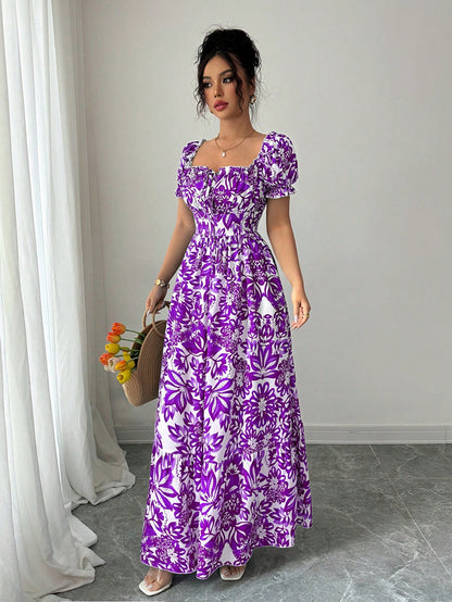 Elenzga Women's White Floral Summer Boho Holiday Vacation Holiday Digital Print Bubble Sleeve Front Tie,Back Cut Out Waist Cinched Elegant Long Dress