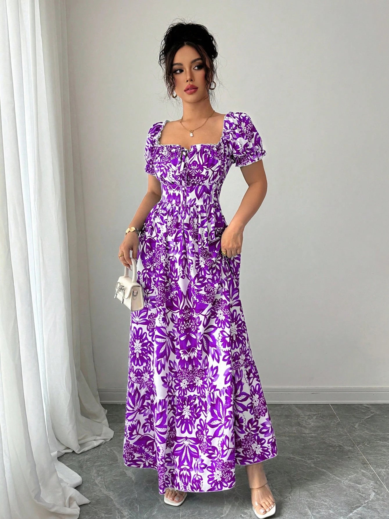 Elenzga Women's White Floral Summer Boho Holiday Vacation Holiday Digital Print Bubble Sleeve Front Tie,Back Cut Out Waist Cinched Elegant Long Dress