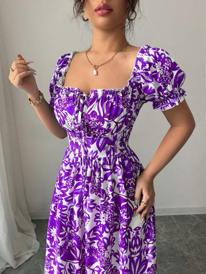 Elenzga Women's White Floral Summer Boho Holiday Vacation Holiday Digital Print Bubble Sleeve Front Tie,Back Cut Out Waist Cinched Elegant Long Dress