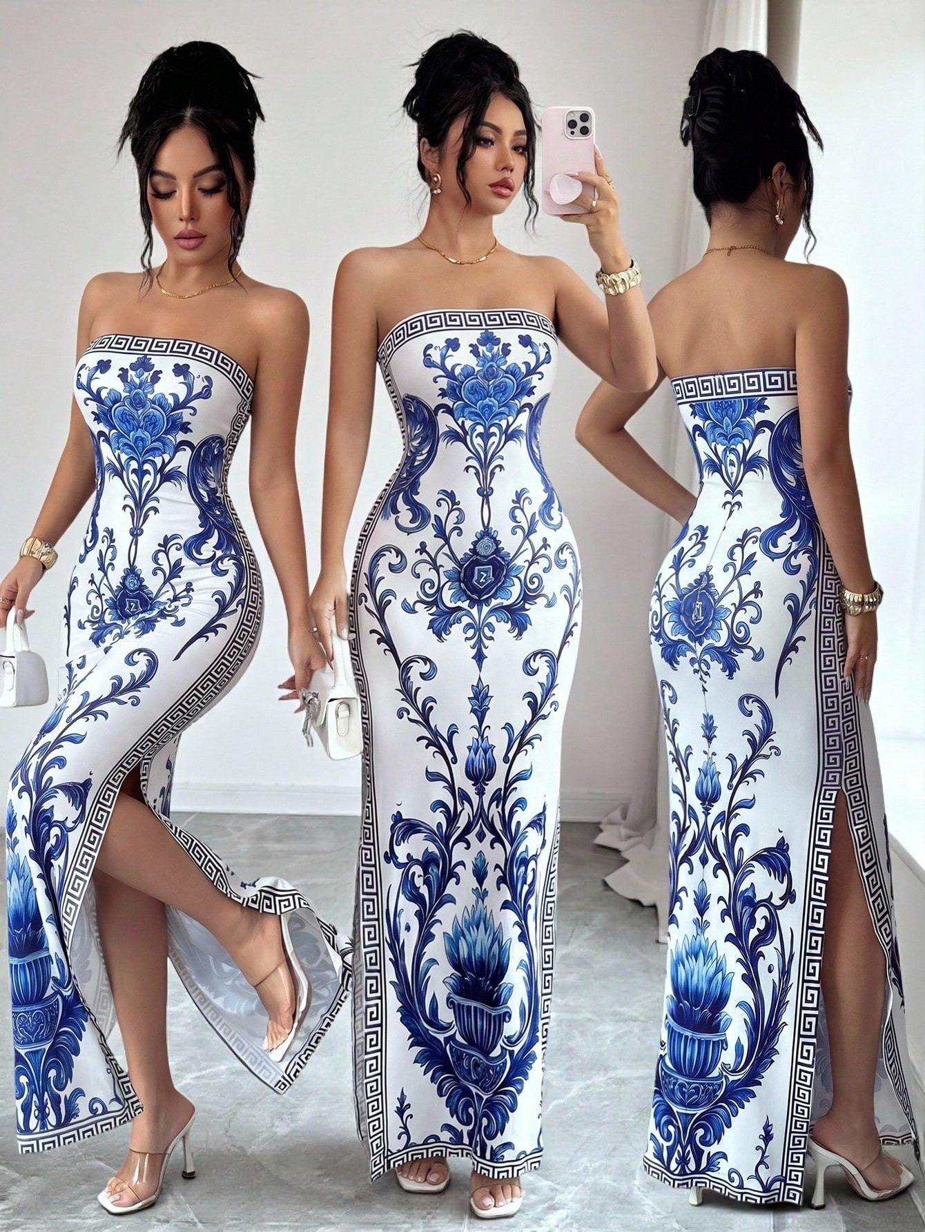 Elenzya Elegant White And Blue Floral Summer Slit Dress,Seductive Chinoiserie Print Waist-Cinching Fitted Dress Mal Dinner,High-End Gala,Vacation,Beach
