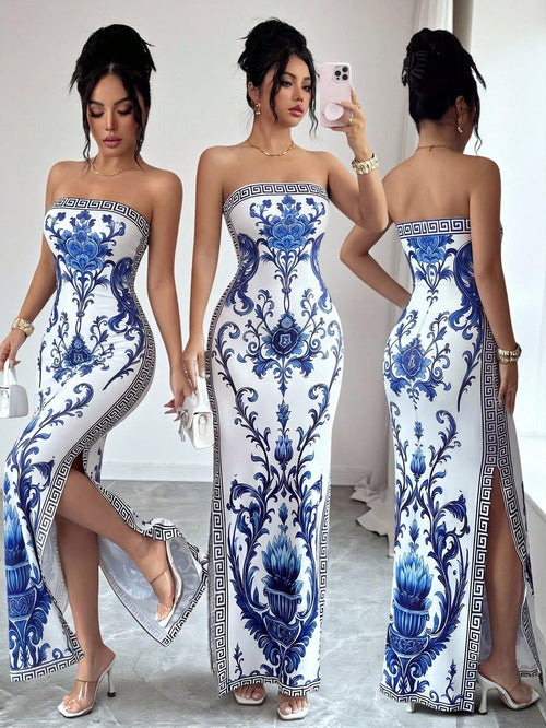 Elenzya Elegant White And Blue Floral Summer Slit Dress,Seductive Chinoiserie Print Waist-Cinching Fitted Dress Mal Dinner,High-End Gala,Vacation,Beach