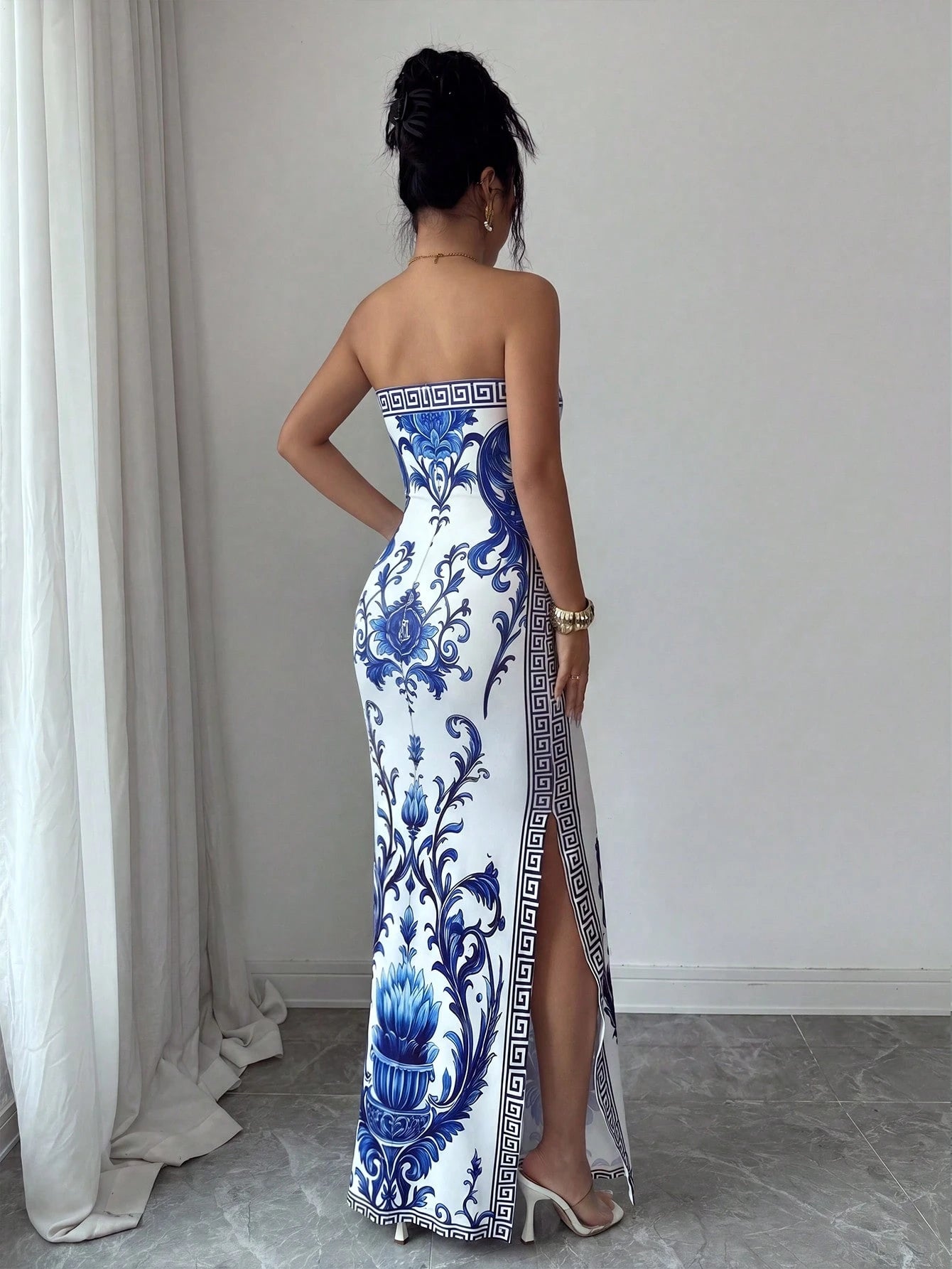 Elenzya Elegant White And Blue Floral Summer Slit Dress,Seductive Chinoiserie Print Waist-Cinching Fitted Dress Mal Dinner,High-End Gala,Vacation,Beach