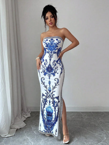 Elenzya Elegant White And Blue Floral Summer Slit Dress,Seductive Chinoiserie Print Waist-Cinching Fitted Dress Mal Dinner,High-End Gala,Vacation,Beach