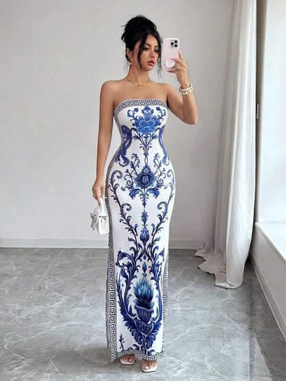 Elenzya Elegant White And Blue Floral Summer Slit Dress,Seductive Chinoiserie Print Waist-Cinching Fitted Dress Mal Dinner,High-End Gala,Vacation,Beach