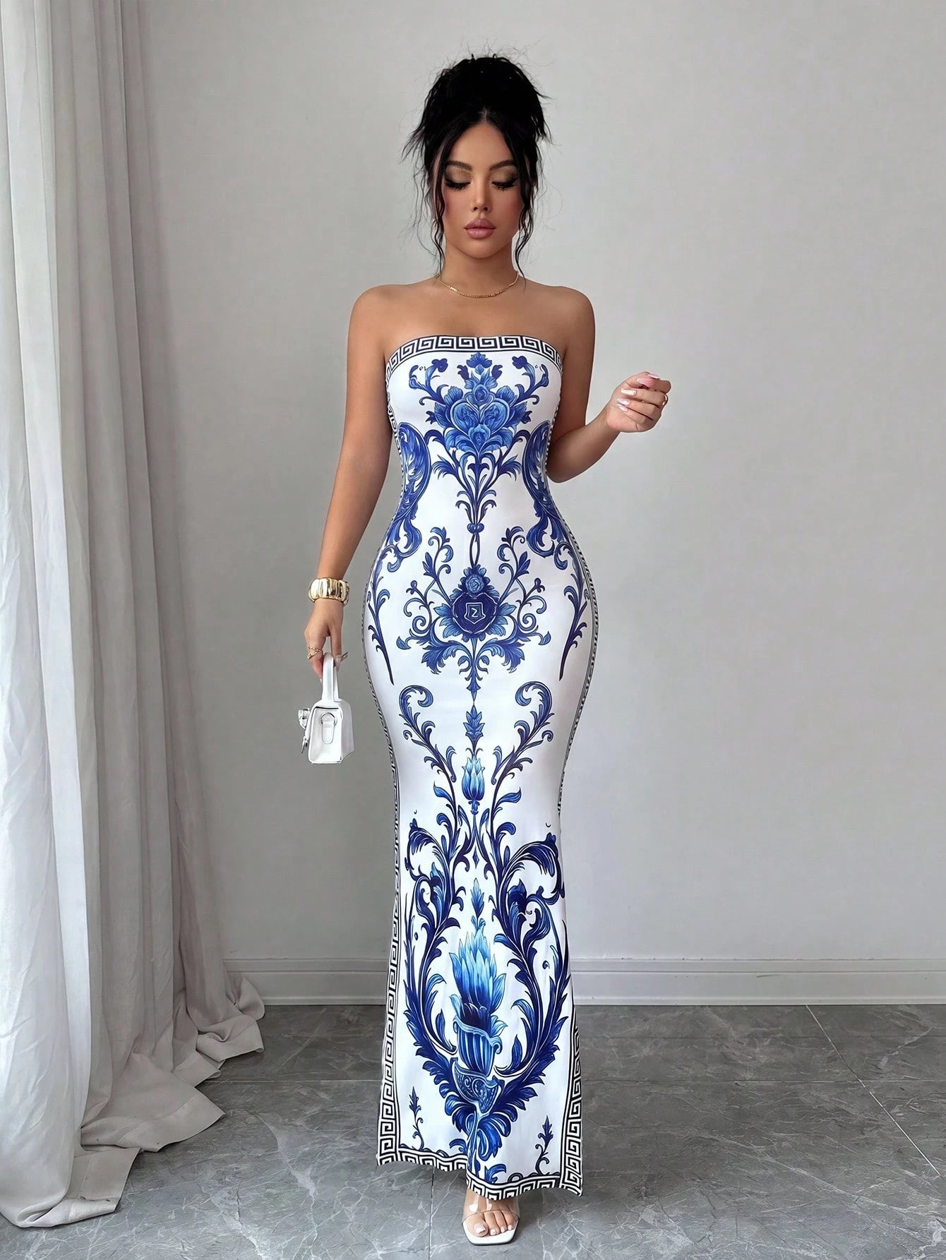 Elenzya Elegant White And Blue Floral Summer Slit Dress,Seductive Chinoiserie Print Waist-Cinching Fitted Dress Mal Dinner,High-End Gala,Vacation,Beach