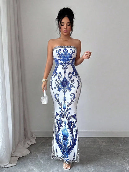 Elenzya Elegant White And Blue Floral Summer Slit Dress,Seductive Chinoiserie Print Waist-Cinching Fitted Dress Mal Dinner,High-End Gala,Vacation,Beach
