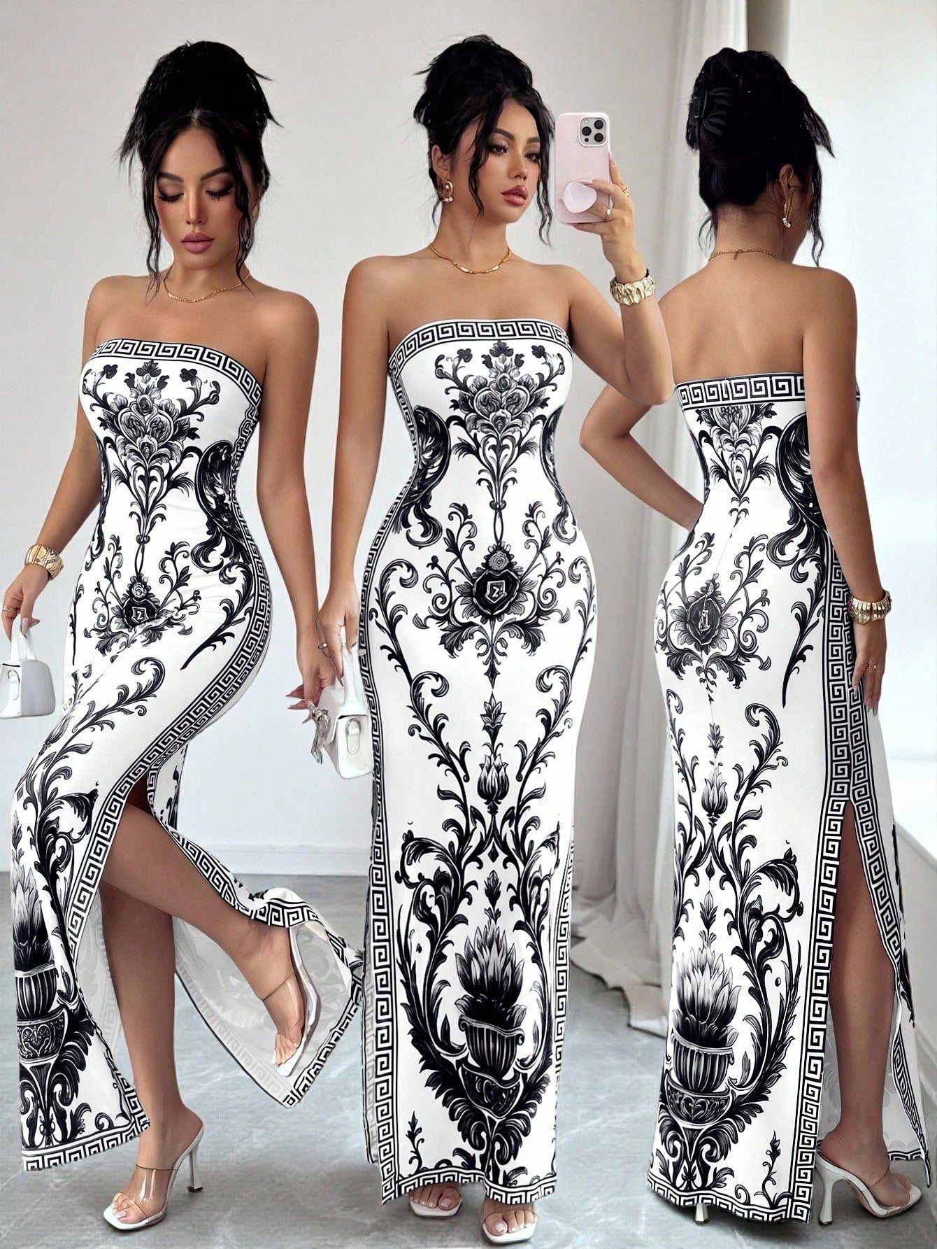 Elenzya Elegant White And Blue Floral Summer Slit Dress,Seductive Chinoiserie Print Waist-Cinching Fitted Dress Mal Dinner,High-End Gala,Vacation,Beach