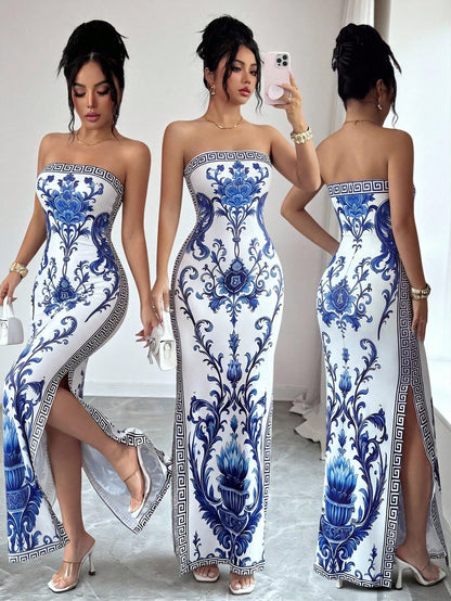 Elenzya Elegant White And Blue Floral Summer Slit Dress,Seductive Chinoiserie Print Waist-Cinching Fitted Dress Mal Dinner,High-End Gala,Vacation,Beach