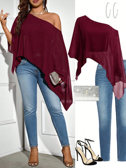 Elenzya Plus Size Women's Solid Color Asymmetric Hem Loose Fit One Shoulder Blouse