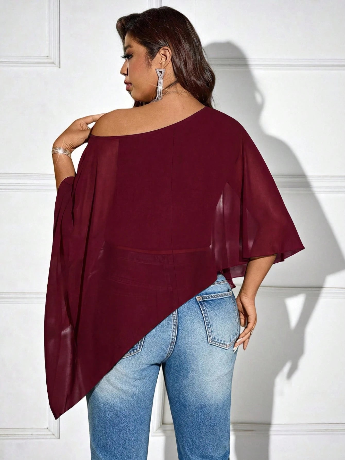 Elenzya Plus Size Women's Solid Color Asymmetric Hem Loose Fit One Shoulder Blouse