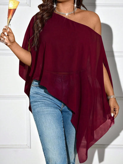 Elenzya Plus Size Women's Solid Color Asymmetric Hem Loose Fit One Shoulder Blouse