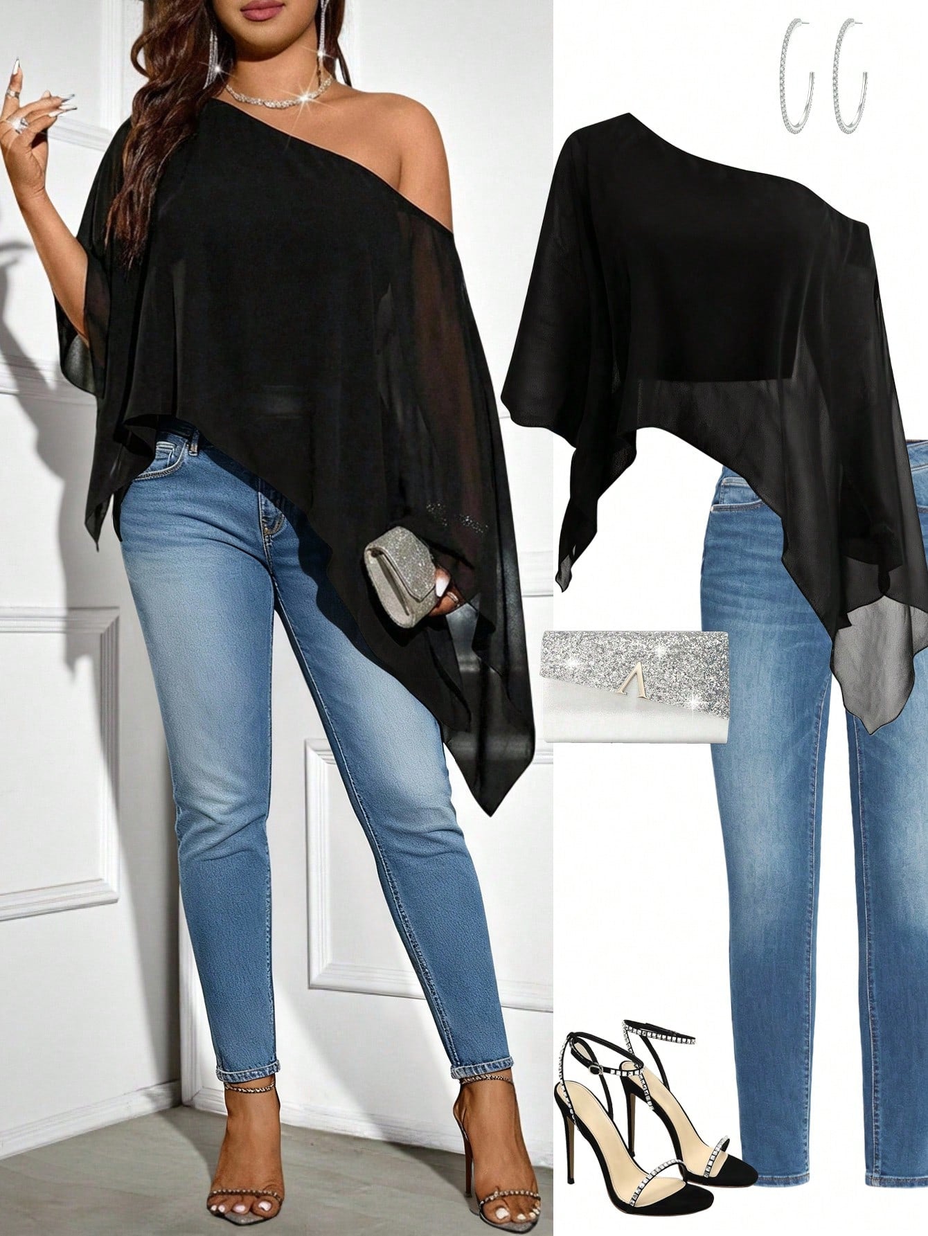 Elenzya Plus Size Women's Solid Color Asymmetric Hem Loose Fit One Shoulder Blouse