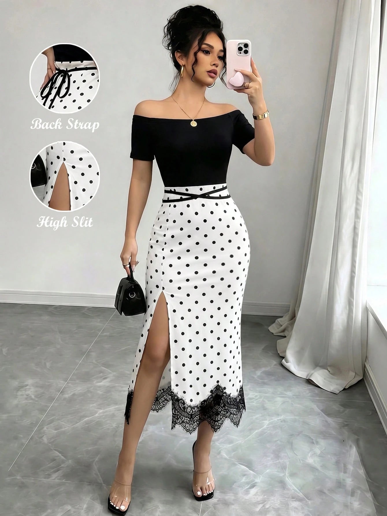 Elenzya Women's Black White Polka Dot 2 In 1 Off Shoulder Midi Dress, Contrast Color High Waist Slim Bodycon Dress, Lace Trim High Slit Hem, Elegant Daily Casual Dress, Dating Vacation Outfit, O