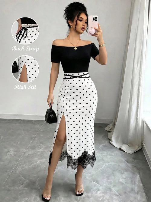 Elenzya Women's Black White Polka Dot 2 In 1 Off Shoulder Midi Dress, Contrast Color High Waist Slim Bodycon Dress, Lace Trim High Slit Hem, Elegant Daily Casual Dress, Dating Vacation Outfit, O