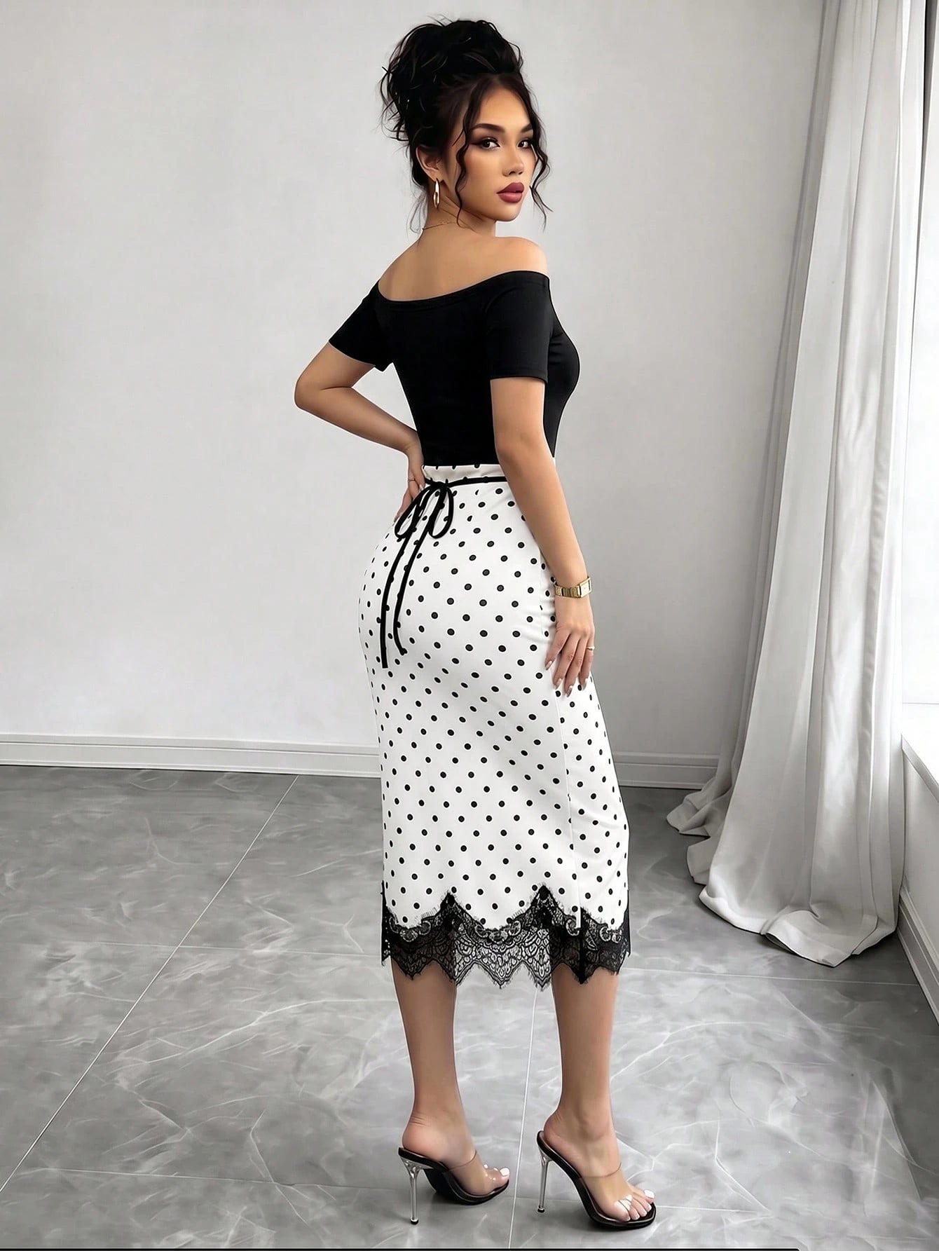 Elenzya Women's Black White Polka Dot 2 In 1 Off Shoulder Midi Dress, Contrast Color High Waist Slim Bodycon Dress, Lace Trim High Slit Hem, Elegant Daily Casual Dress, Dating Vacation Outfit, O