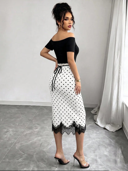 Elenzya Women's Black White Polka Dot 2 In 1 Off Shoulder Midi Dress, Contrast Color High Waist Slim Bodycon Dress, Lace Trim High Slit Hem, Elegant Daily Casual Dress, Dating Vacation Outfit, O