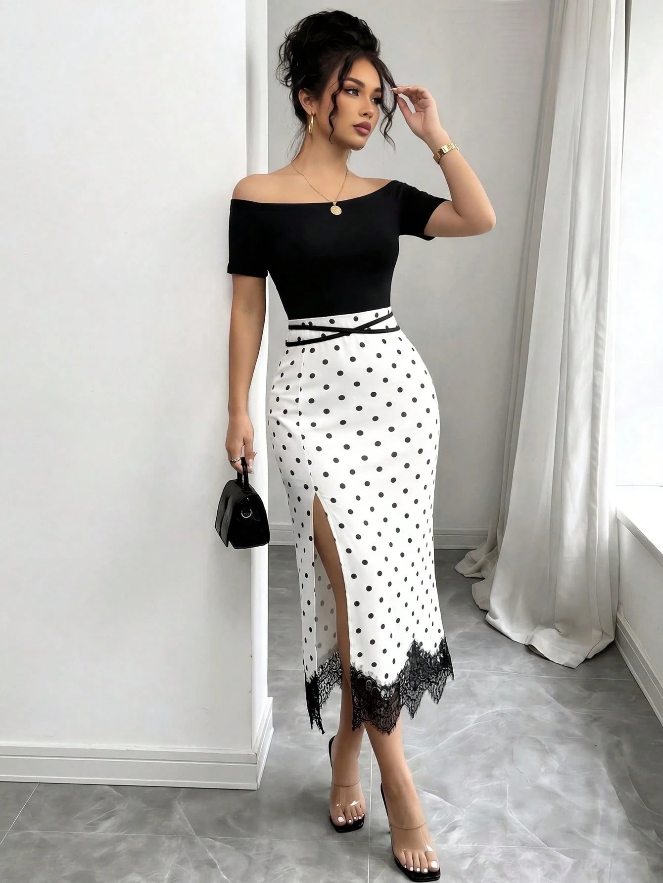 Elenzya Women's Black White Polka Dot 2 In 1 Off Shoulder Midi Dress, Contrast Color High Waist Slim Bodycon Dress, Lace Trim High Slit Hem, Elegant Daily Casual Dress, Dating Vacation Outfit, O