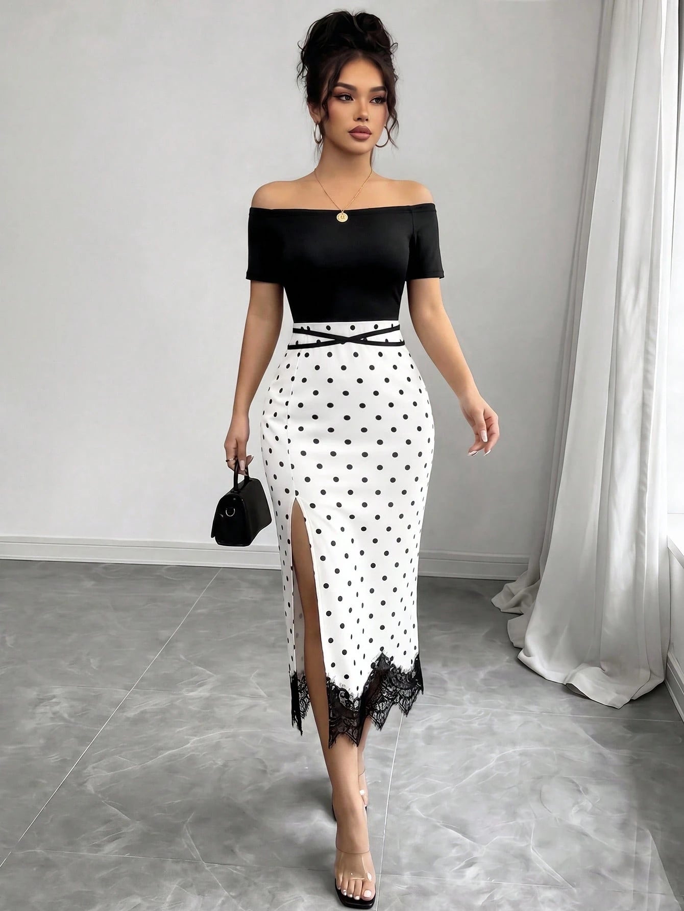 Elenzya Women's Black White Polka Dot 2 In 1 Off Shoulder Midi Dress, Contrast Color High Waist Slim Bodycon Dress, Lace Trim High Slit Hem, Elegant Daily Casual Dress, Dating Vacation Outfit, O