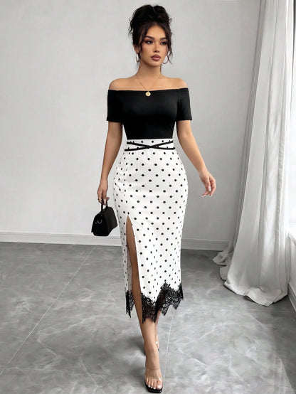 Elenzya Women's Black White Polka Dot 2 In 1 Off Shoulder Midi Dress, Contrast Color High Waist Slim Bodycon Dress, Lace Trim High Slit Hem, Elegant Daily Casual Dress, Dating Vacation Outfit, O