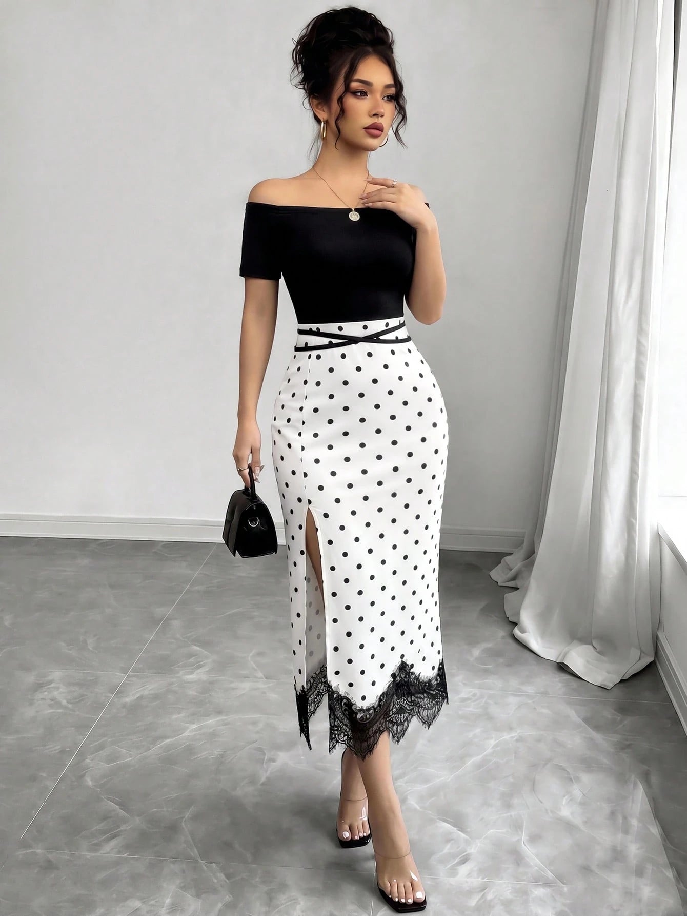 Elenzya Women's Black White Polka Dot 2 In 1 Off Shoulder Midi Dress, Contrast Color High Waist Slim Bodycon Dress, Lace Trim High Slit Hem, Elegant Daily Casual Dress, Dating Vacation Outfit, O